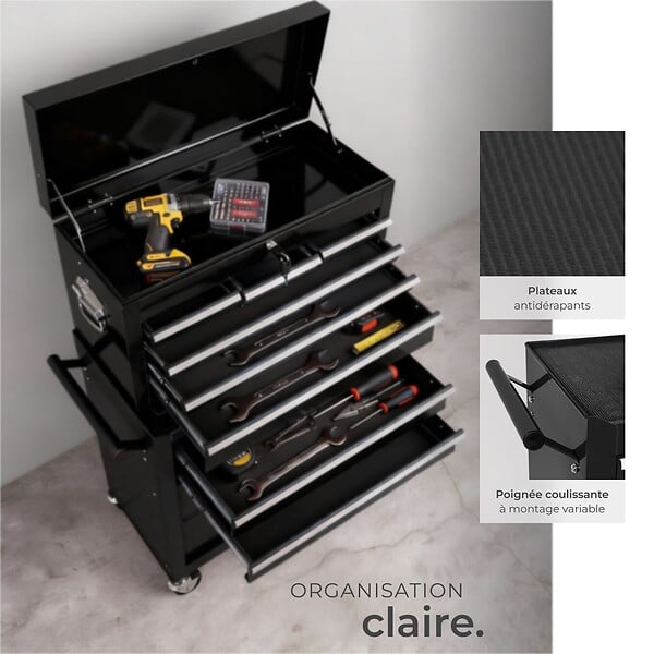 TECTAKE - Servante d'atelier 10 compartiments noir - large