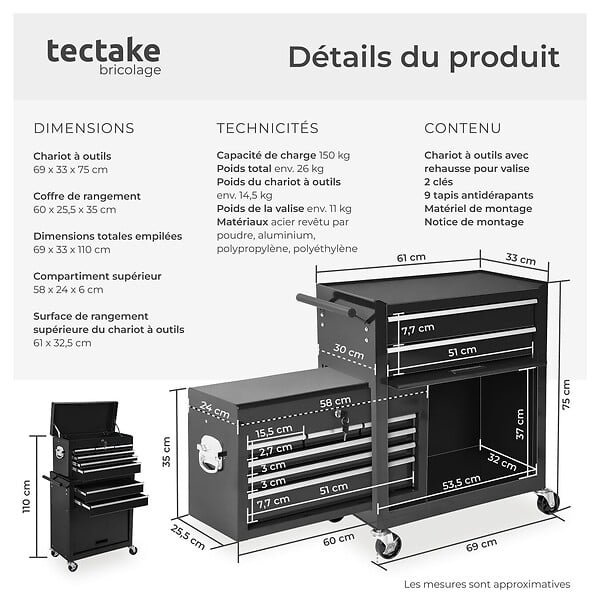 TECTAKE - Servante d'atelier 10 compartiments noir - large