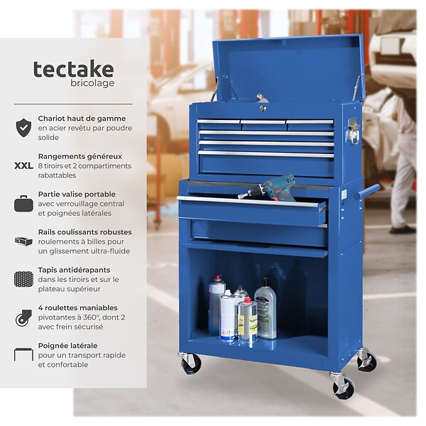TECTAKE - Servante d'atelier 10 compartiments bleu - large