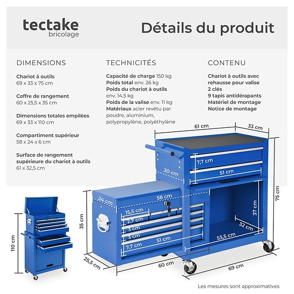 TECTAKE - Servante d'atelier 10 compartiments bleu - large