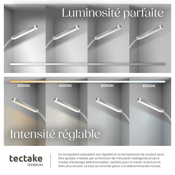 TECTAKE - Lampe de sol Prisma LED, 5 modes d'éclairage, 12 W, dimmable argent - large