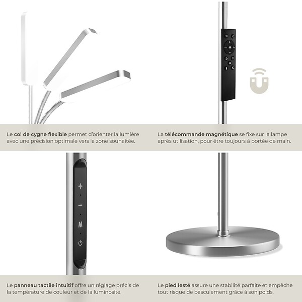 TECTAKE - Lampe de sol Prisma LED, 5 modes d'éclairage, 12 W, dimmable argent - large