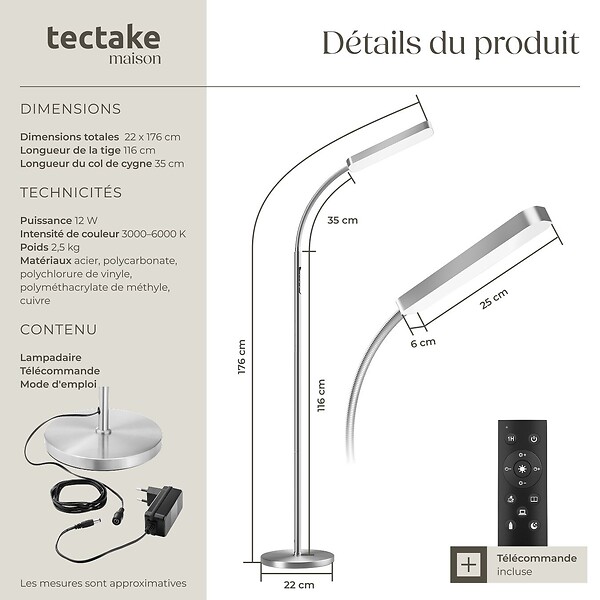 TECTAKE - Lampe de sol Prisma LED, 5 modes d'éclairage, 12 W, dimmable argent - large