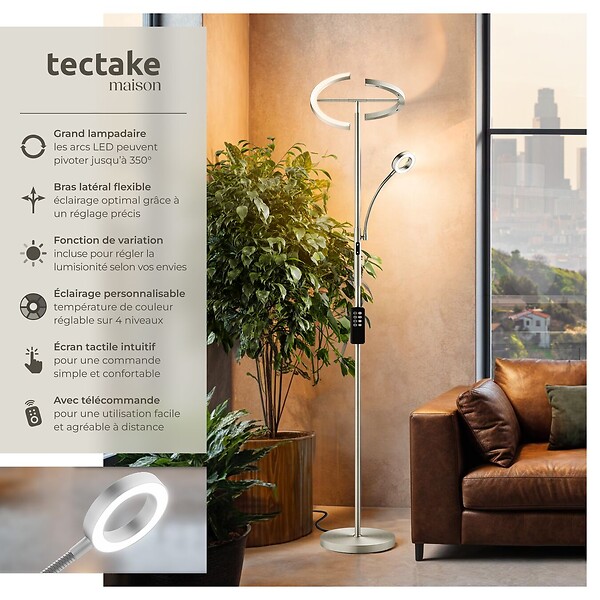 TECTAKE - Lampadaire Auralis LED 20W avec lampe de lecture dimmable Nickel mat - large