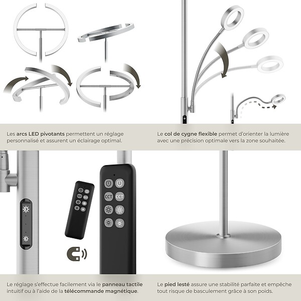 TECTAKE - Lampadaire Auralis LED 20W avec lampe de lecture dimmable Nickel mat - large