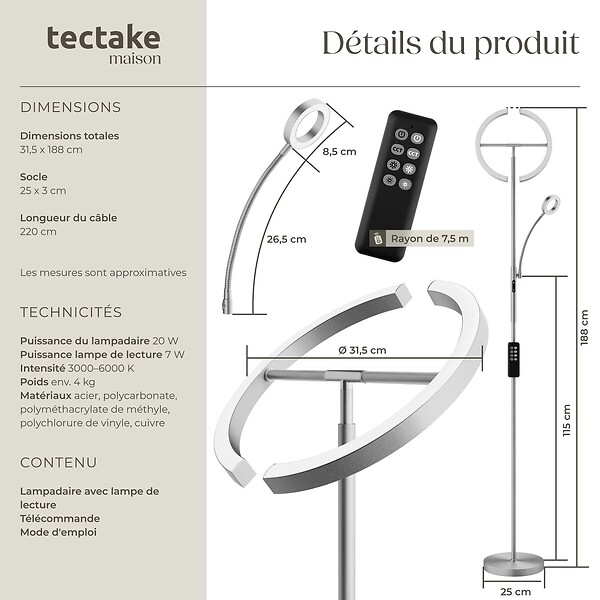 TECTAKE - Lampadaire Auralis LED 20W avec lampe de lecture dimmable Nickel mat - large
