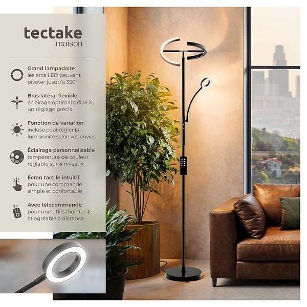 TECTAKE - Lampadaire Auralis LED 20W avec lampe de lecture dimmable noir - large