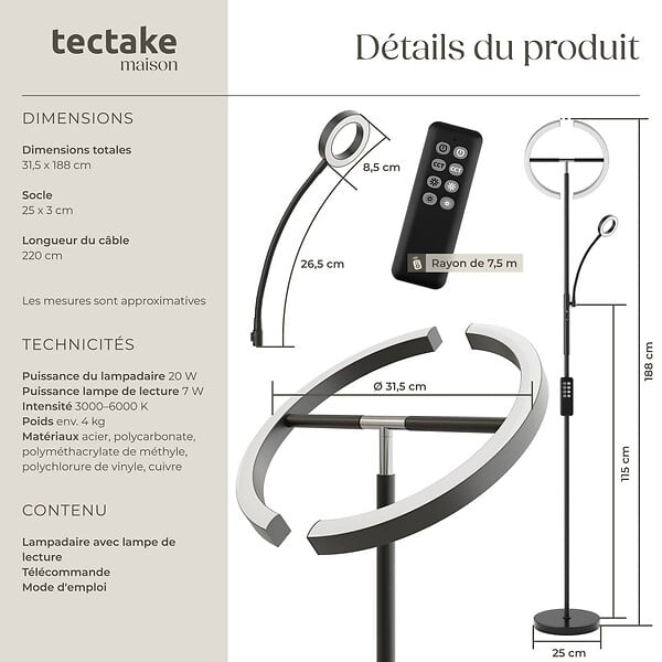 TECTAKE - Lampadaire Auralis LED 20W avec lampe de lecture dimmable noir - large