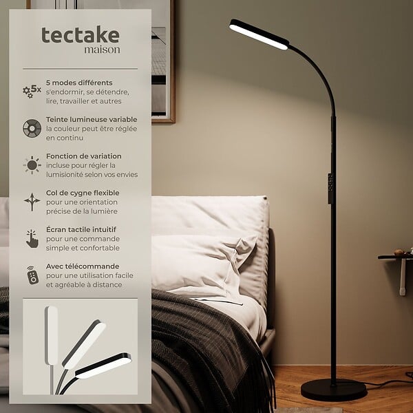 TECTAKE - Lampe de sol Prisma LED, 5 modes d'éclairage, 12 W, dimmable noir - large