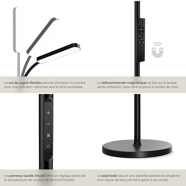 TECTAKE - Lampe de sol Prisma LED, 5 modes d'éclairage, 12 W, dimmable noir - large