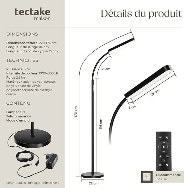 TECTAKE - Lampe de sol Prisma LED, 5 modes d'éclairage, 12 W, dimmable noir - large
