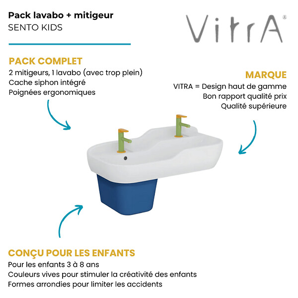 VITRA - Pack lavabo pour enfant VitrA Sento Kids 85 cm + cache siphon + Mitigeur lavabo jaune et vert - large