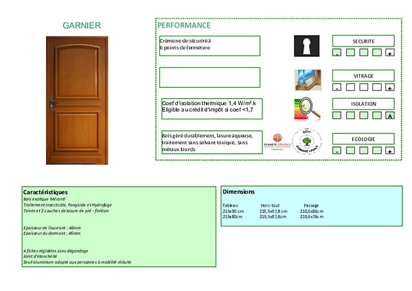 GD MENUISERIES - Porte d'entrée Bois Pleine Garnier, H215 x L90 cm Côte Tableau, p.Droit - large