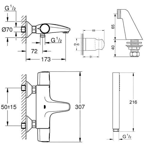 GROHE - Pack mitigeur thermostatique Trend avec colonnettes + Douchette 1 jet Vitalio Get Stick + Flexible 1750 mm - large