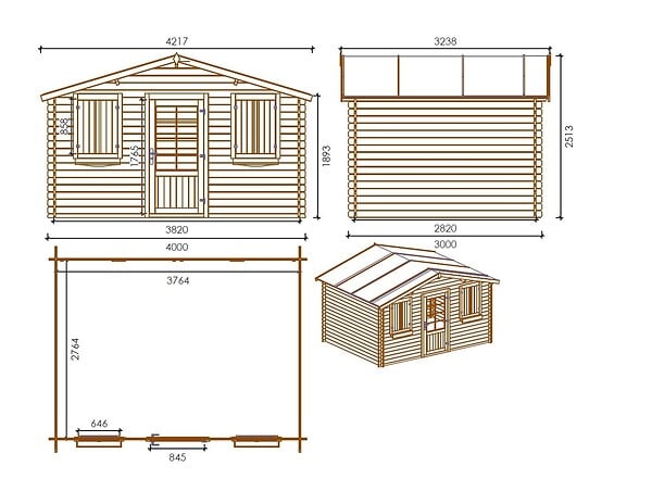 ALTANKA - Abri de jardin en bois - 12m2 - 4x3m - Ep. 28mm - Couleur: naturel - DOM137 - large