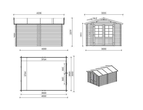 ALTANKA - Abri de jardin en bois - 12m2 - 3x4m - Ep. 28mm - Couleur: naturel - DOM661 - large