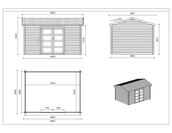 ALTANKA - Abri de jardin en bois - 4x3 m avec extension de 4x2.76 m - 23.06 m²- Traité - DOM677+DOS194 - large