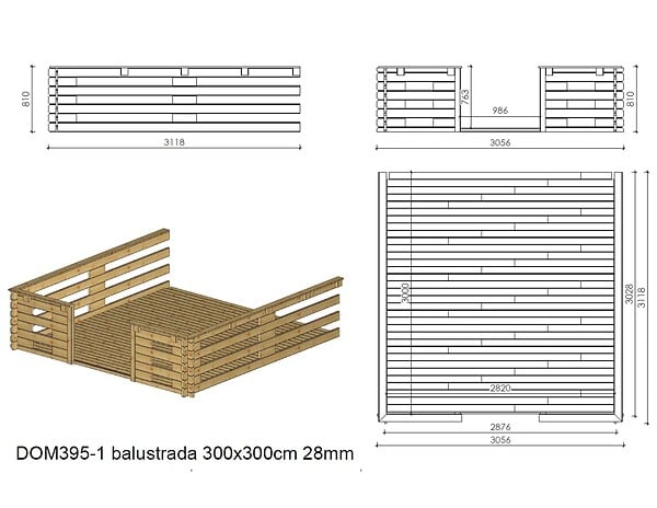 ALTANKA - Terrasse en bois avec balustrade pour abri en bois - 9m2 - 3m x 3m - couleur: naturel - DOM395 - large