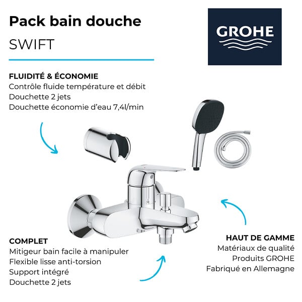 GROHE - Pack mitigeur mécanique Swift + Douchette 2 jets Vitalio Comfort 110 + Flexible1750 mm et support - large