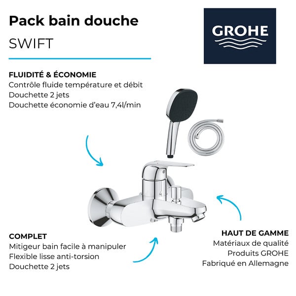 GROHE - Pack mitigeur bain douche Swift + Douchette 2 jets Vitalio Comfort 110 + Flexible - large