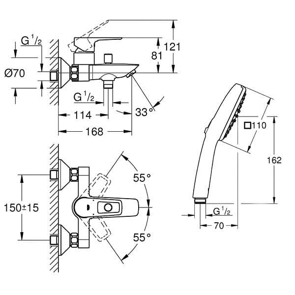 GROHE - Pack mitigeur bain douche Swift + Douchette 2 jets Vitalio Comfort 110 + Flexible - large