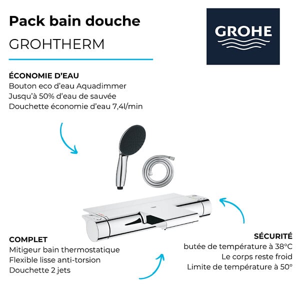 GROHE - Pack mitigeur bain thermostatique Grohtherm 2000 + Douchette 2 jets Vitalio Start 110  + Flexible - large