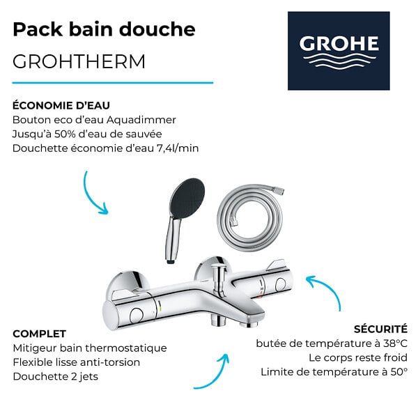 GROHE - Pack mitigeur bain douche thermostatique Grohtherm 800 chromé + Douchette 2 jets Vitalio Start 110et flexible - large