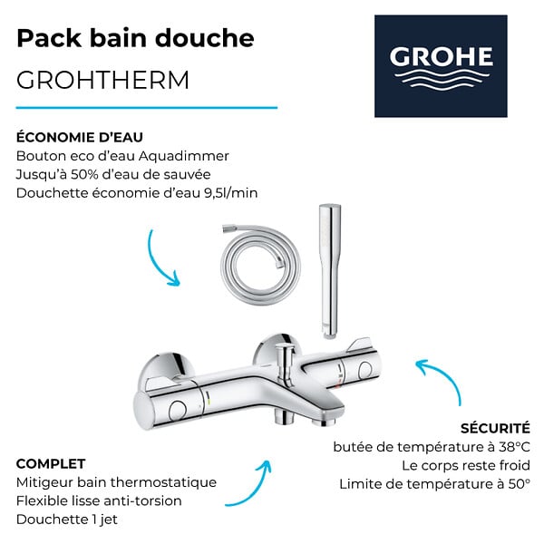 GROHE - Pack mitigeur bain thermostatique Grohtherm 800 + Douchette 1 jet Vitalio Get Stick + Flexible - large