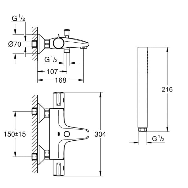 GROHE - Pack mitigeur bain thermostatique Grohtherm 800 + Douchette 1 jet Vitalio Get Stick + Flexible - large