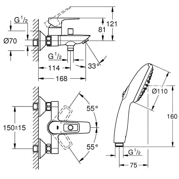 GROHE - Pack mitigeur mécanique bain douche Start Loop chromé + Douchette 2 jets Vitalio Start 110 et flexible - large