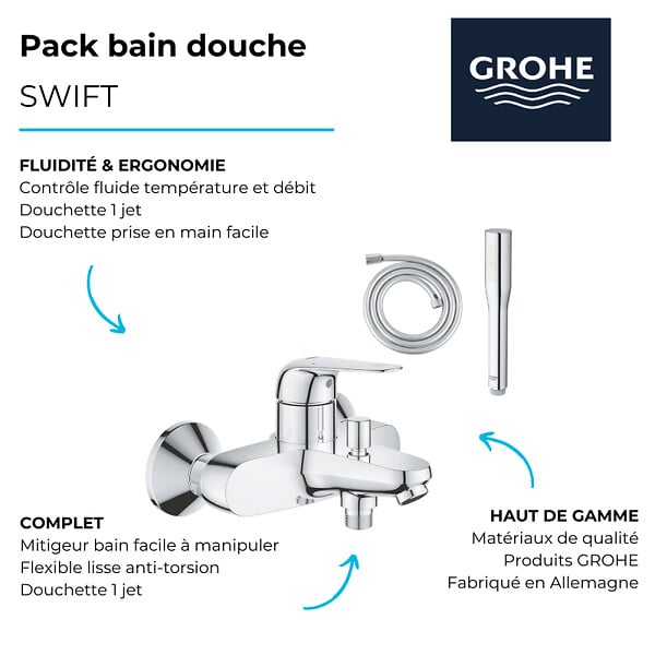 GROHE - Pack mitigeur bain douche  Swift + Douchette 1 jet Vitalio Get Stick + Flexible - large