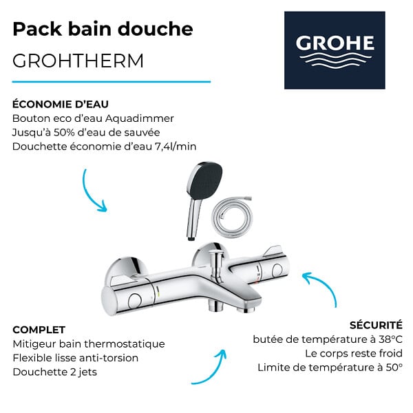 GROHE - Pack mitigeur bain thermostatique Grohtherm 800 + Douchette 2 jets Vitalio Comfort 110 + Flexible - large