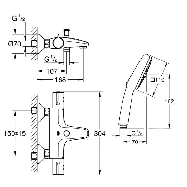 GROHE - Pack mitigeur bain thermostatique Grohtherm 800 + Douchette 2 jets Vitalio Comfort 110 + Flexible - large