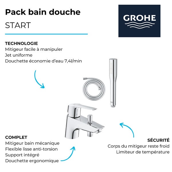 GROHE - Pack mitigeur mécanique bain douche Start Quickfix + Douchette 1 jet Vitalio Get Stick et flexible - large