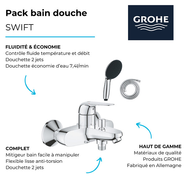 GROHE - Pack mitigeur mécanique bain douche Swift + Douchette 2 jets Vitalio Start 110 + Flexible - large