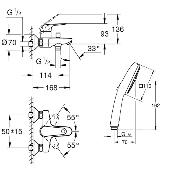 GROHE - Pack mitigeur mécanique bain douche Swift + Douchette 2 jets Vitalio Start 110 + Flexible - large