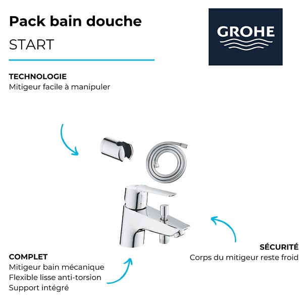 GROHE - Pack mitigeur mécanique bain douche Start + Flexible douche VitalioFlex Comfort 1750 + Support mural - large