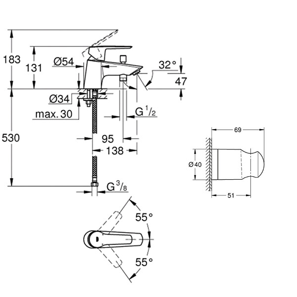 GROHE - Pack mitigeur mécanique bain douche Start + Flexible douche VitalioFlex Comfort 1750 + Support mural - large