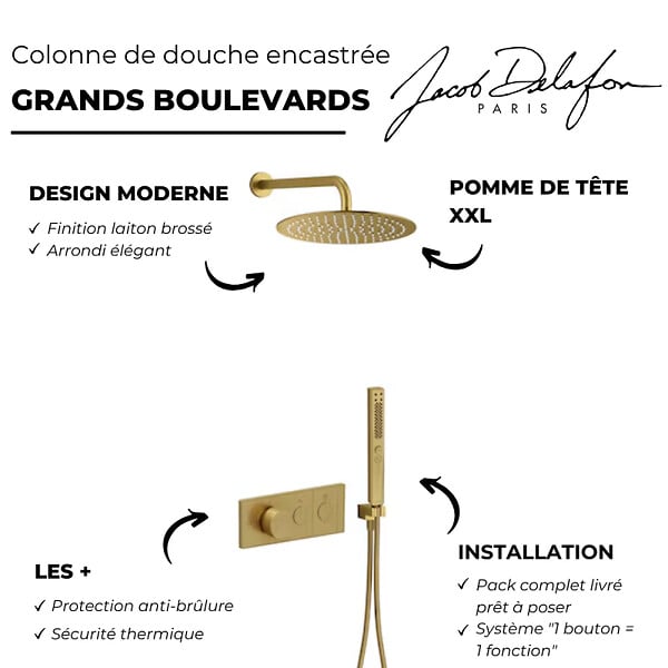 JACOB DELAFON - Colonne de douche encastrée thermostatique Grands Boulevards laiton brossé - large