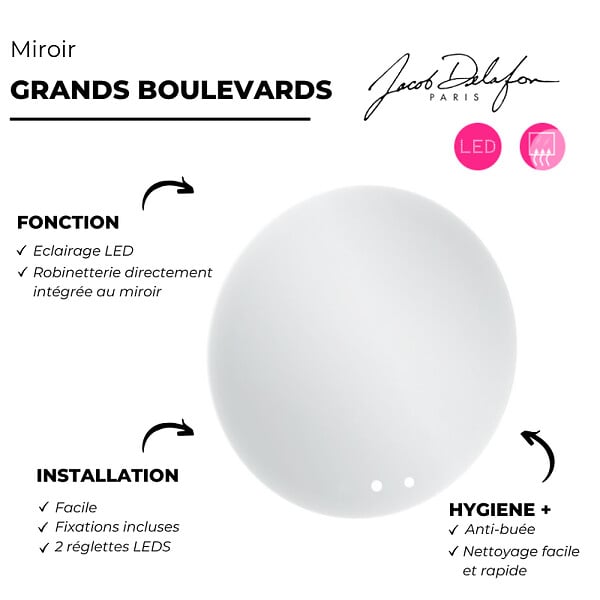 JACOB DELAFON - Miroir LED rond 2 trous + mitigeur lavabo encastré Grands Boulevards Laiton brossé + corps encastré - large