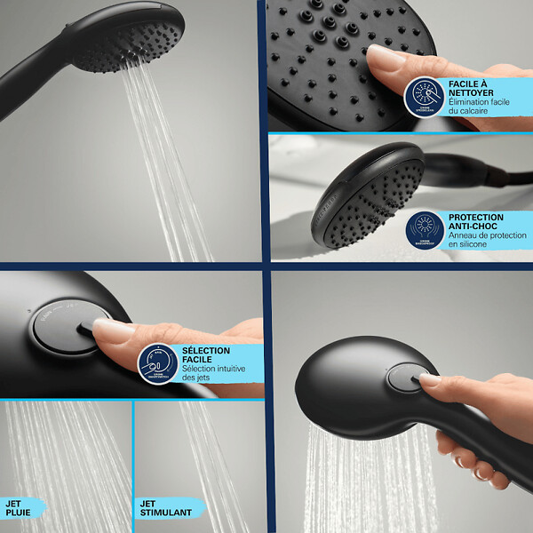 GROHE - Pack douchette 2 jets Vitalio Start 110 + Flexible de douche VitalioFlex Trend 1750 mm et support noir mat - large