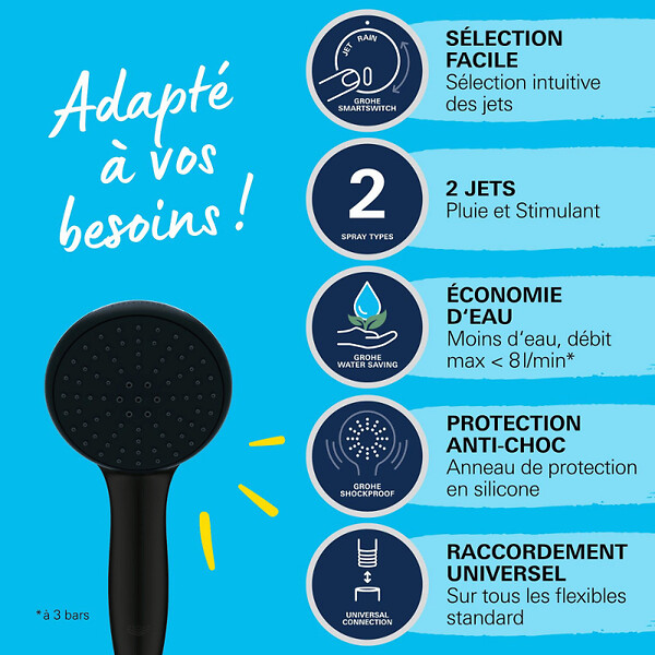 GROHE - Pack douchette 2 jets Vitalio Start 110 + Flexible de douche VitalioFlex Trend 1750 mm et support noir mat - large