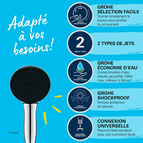 GROHE - Pack douchette 2 jets Vitalio Start 110 + Flexible de douche VitalioFlex Comfort 1750 et support - large