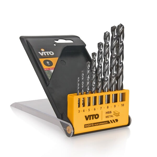 VITO - Coffret de 8 Forets HSS COBALT Diam 3,4,5,6,7,8,9,10 mm 135º- DIN 338 Métaux durs VITO - large