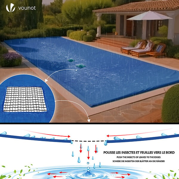VOUNOT - Bache piscine rectangulaire double couche en Polyethylene 160 gr/m2 avec filet ecoulement 4x7m Bleue - large