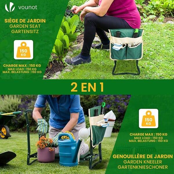 VOUNOT - Agenouilloir tabouret de jardin 2 en 1 avec pochette de rangement EVA vert - large