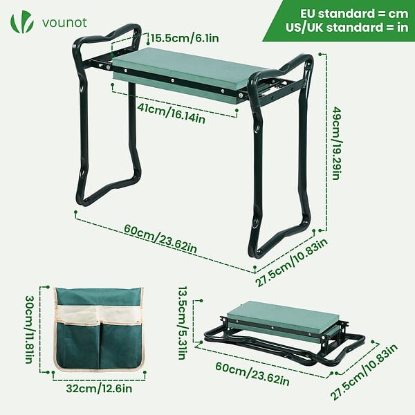 VOUNOT - Agenouilloir tabouret de jardin 2 en 1 avec pochette de rangement EVA vert - large