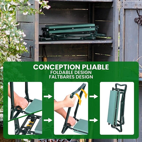 VOUNOT - Agenouilloir tabouret de jardin 2 en 1 avec pochette de rangement EVA vert - large