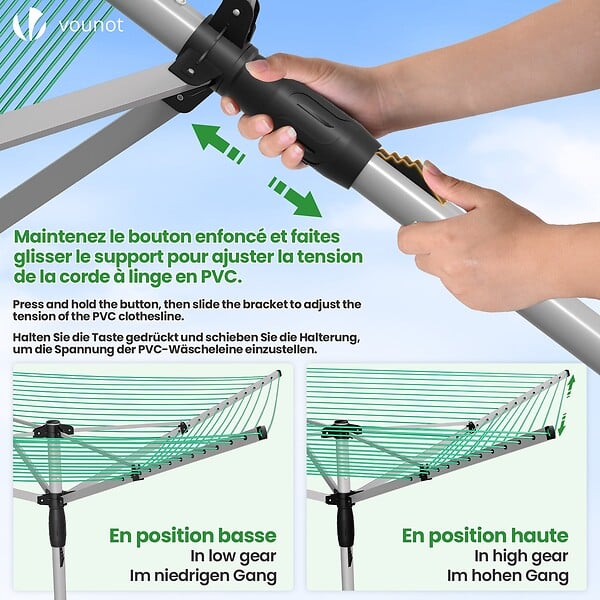 VOUNOT - Etendoir a Linge Exterieur Rotatif avec housse de protection et Surface etendage 50m Argent Vert - large