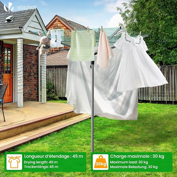 VOUNOT - Etendoir a Linge Exterieur Rotatif avec housse de protection et Surface etendage 45m Argent Vert - large